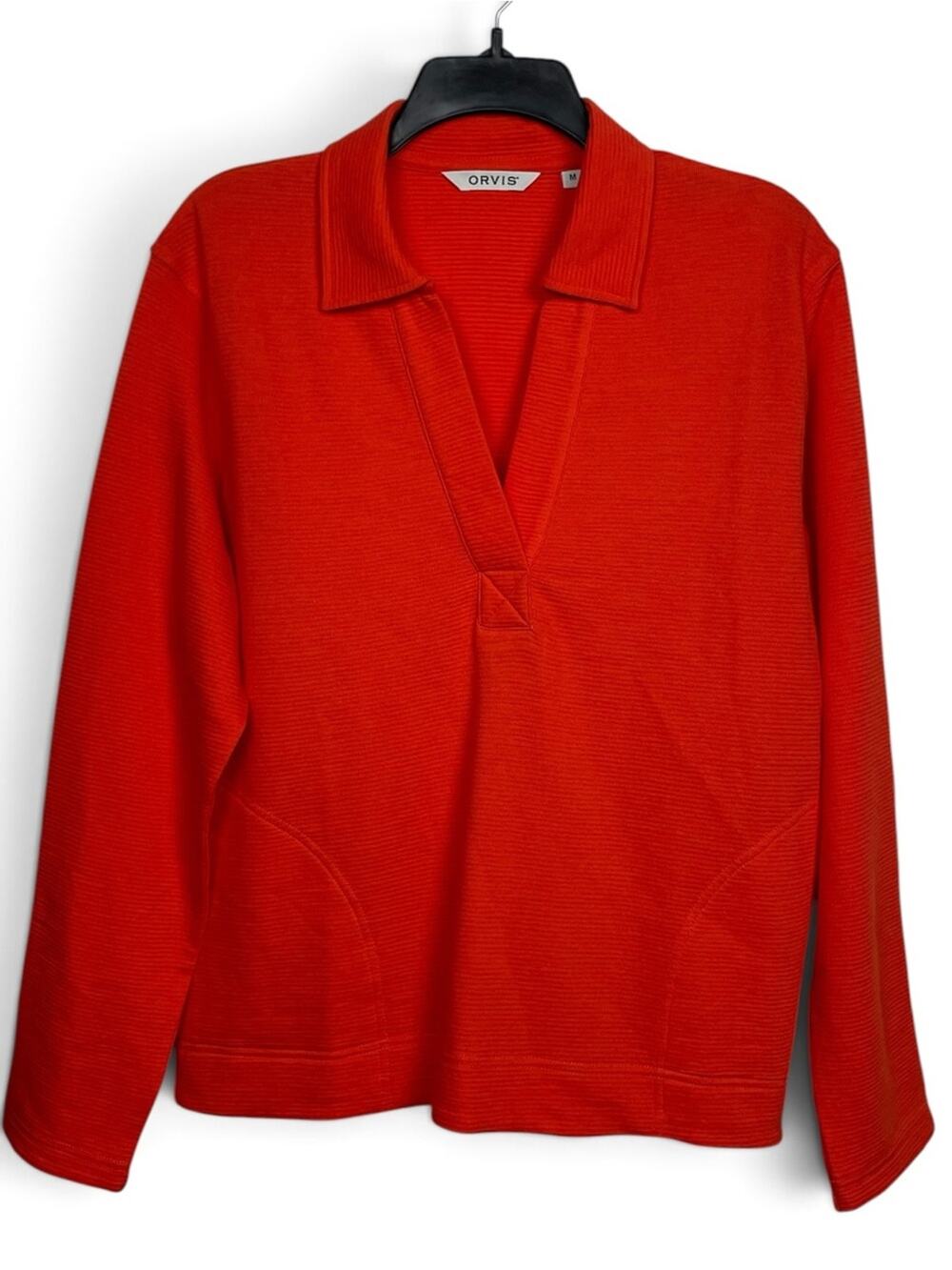 Orvis Women's Bright Orange ribbed organic cotton V-Neck Polo Pullover medium